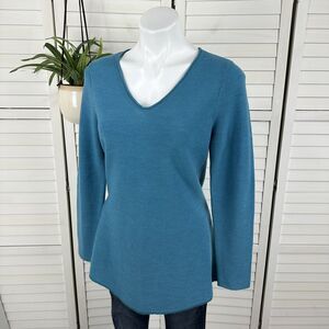 Eileen‎ Fisher Merino Wool Knit Tunic Sweater Top Aqua Blue V Neck Size S